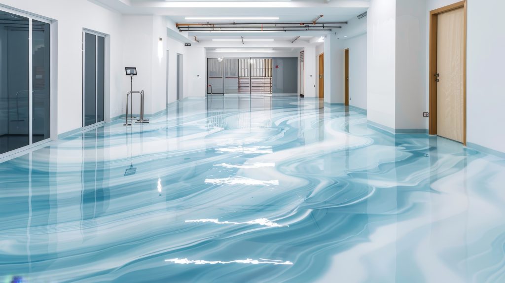 Seamless epoxy resin flooring, fluid and cohesive patterns, unbroken transitions and continuous hues, elegant and modern design, polished and reflective
