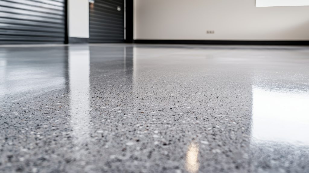 Well-maintained garage floor with a high-gloss, polished concrete finish